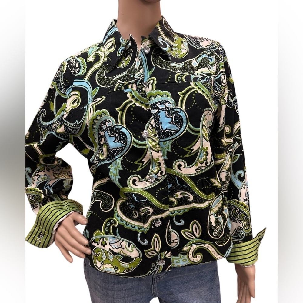 Patrick Christopher Flip Cuff Paisley Print Long Sleeve Shirt Size M Stretch EUC